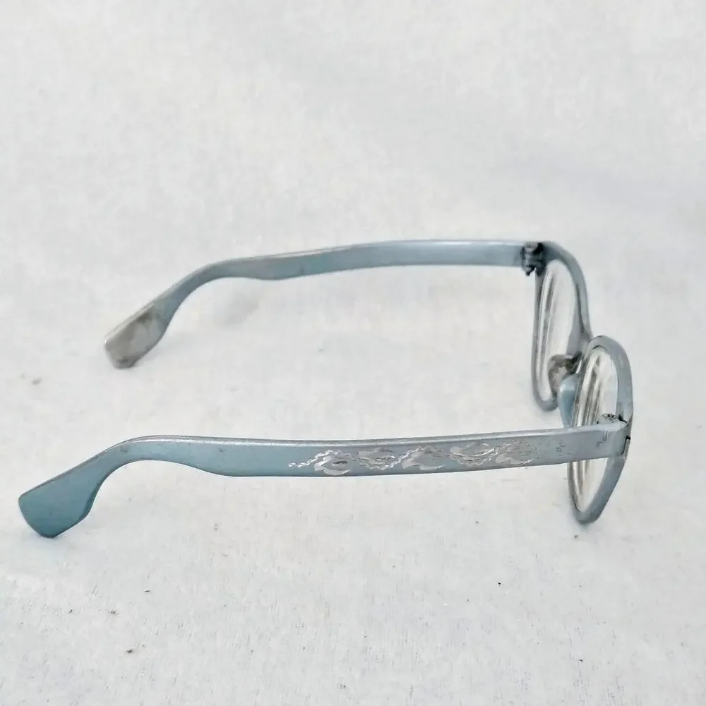 Tura Light Powder Blue Floral Eyeglass Frames Cat Eye Aluminum Vintage Retro MCM